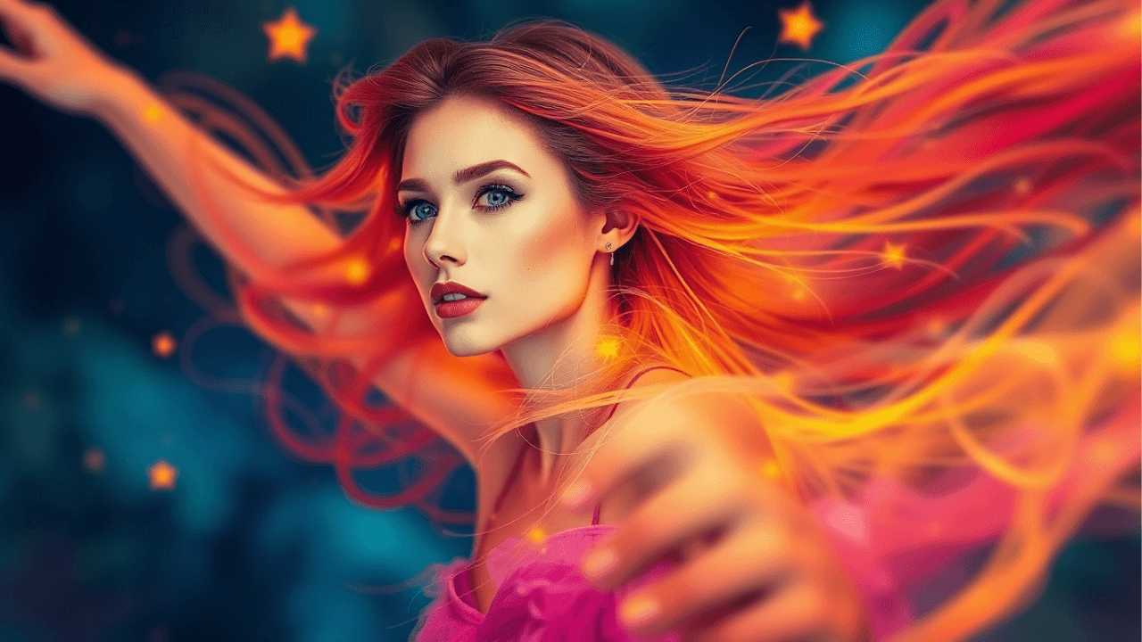 human design projector woman with piercing gaze and flowing hair surrounded by stars