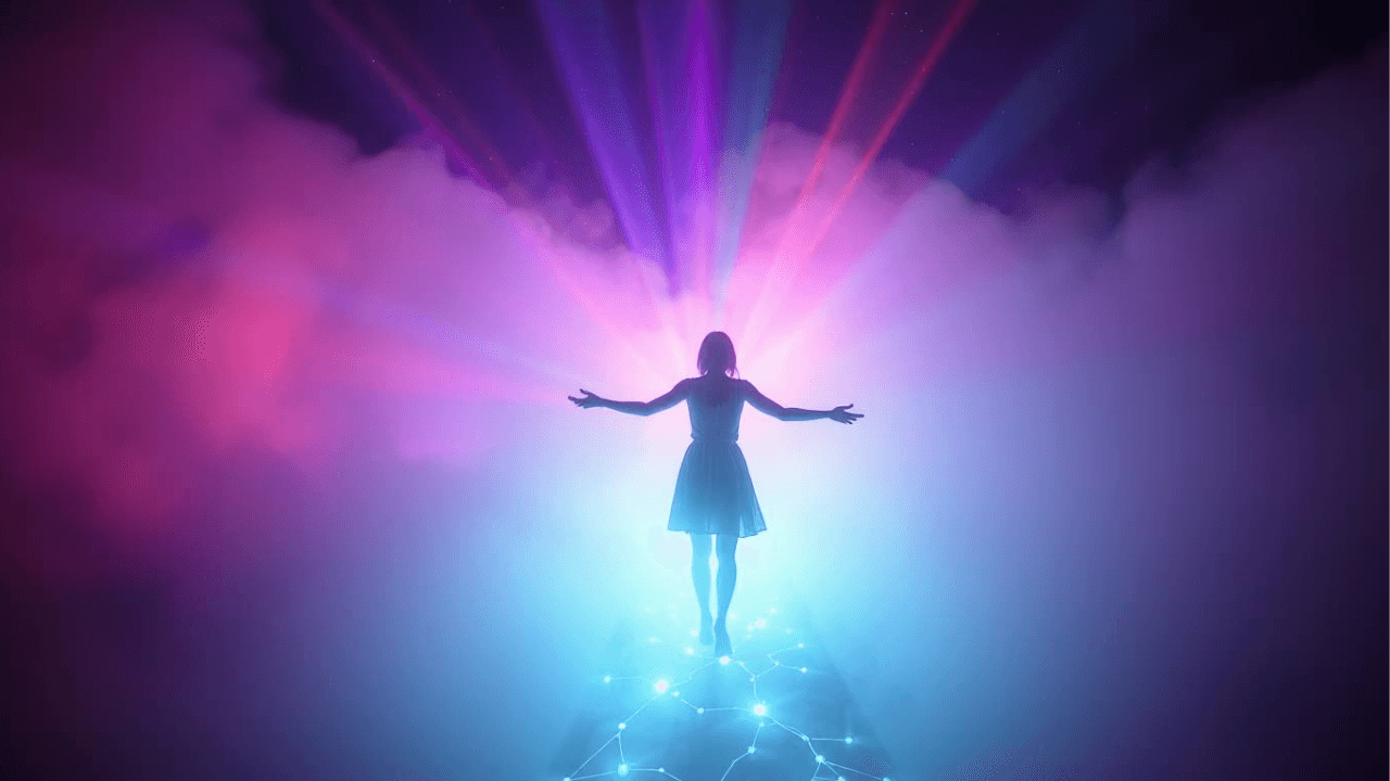 woman with outstretched arms walking on lit up ground and surrounded by purple and pink light