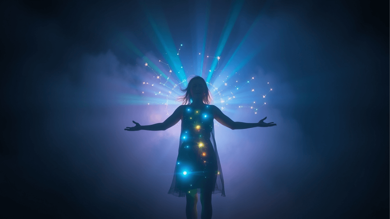 human design generator woman facing camera with arms outstretched and glowing from within