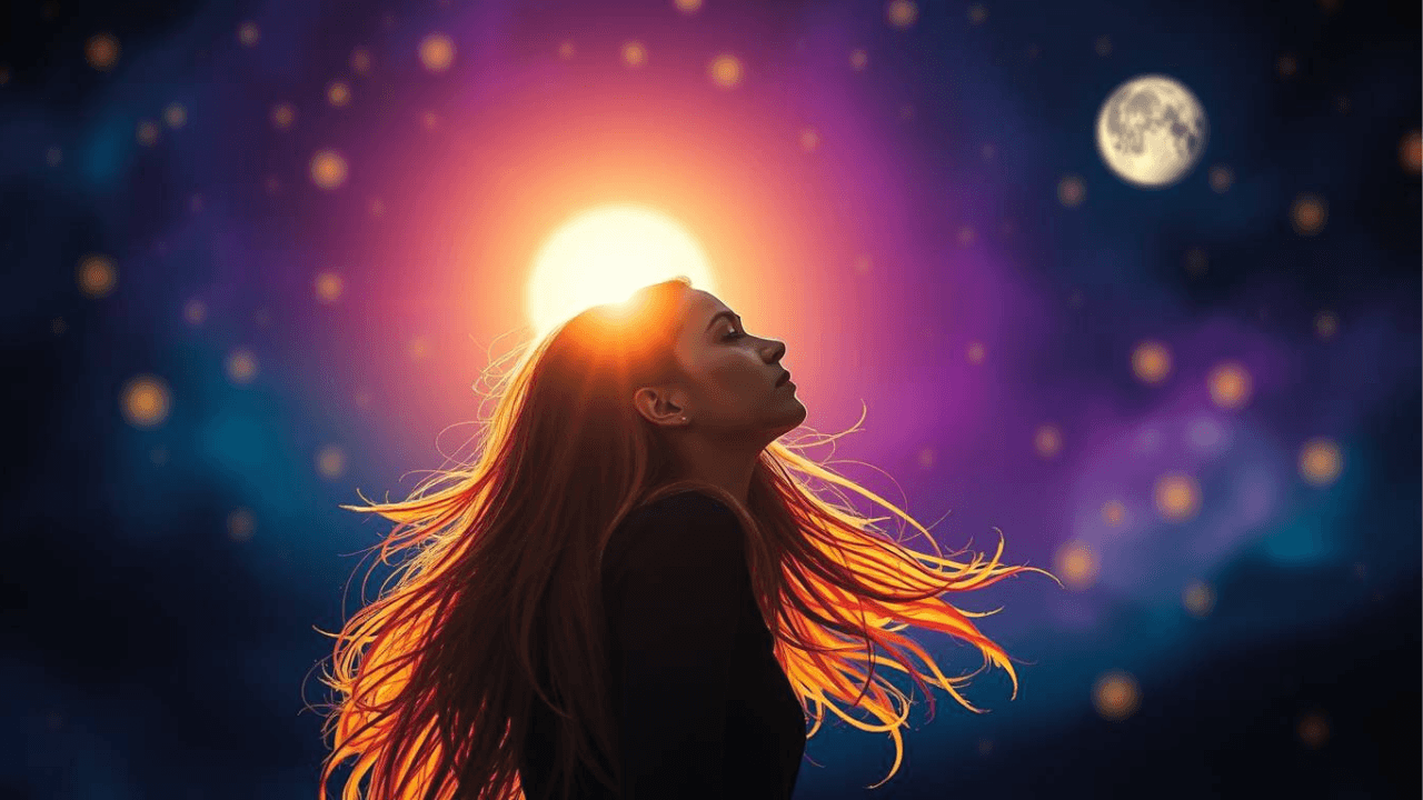 Reflector woman looking up at the moon and stars