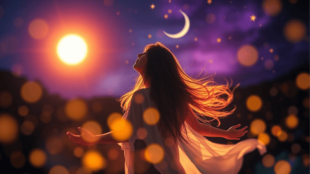 Reflector woman with outstretched arms looking up at the moon