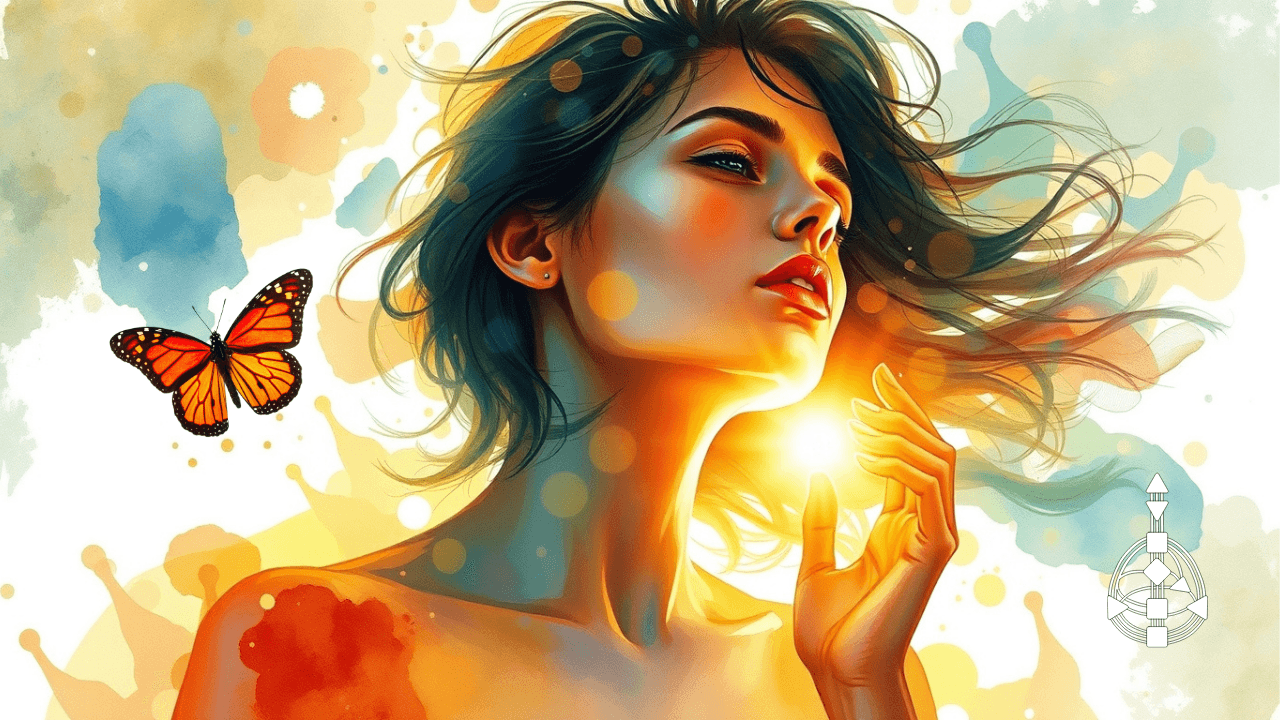 woman with adhd bathed in sunlight, watercolor picture, with human design bodygraph