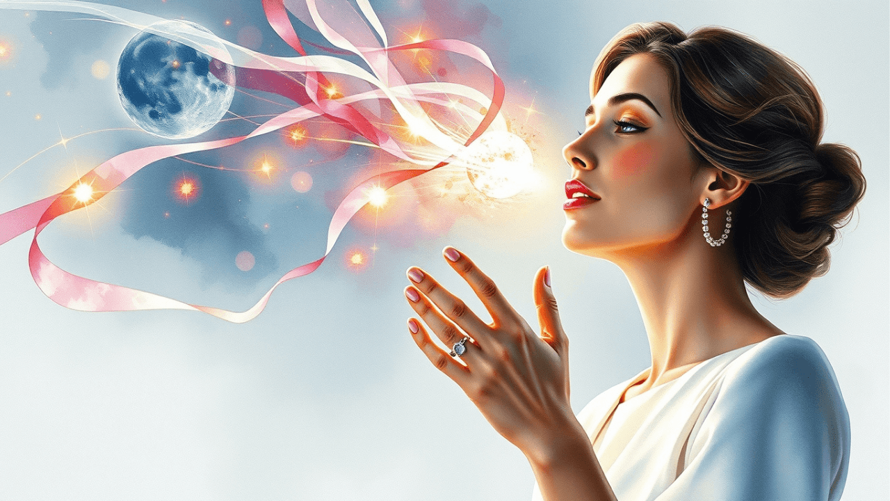 woman speaking with light and ribbons coming out of her mouth