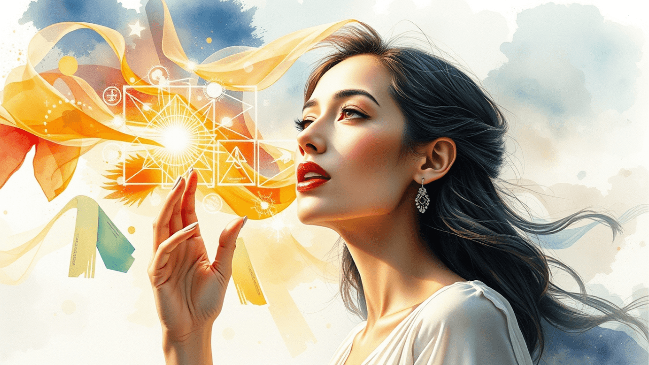woman speaking with geometric shapes and ribbons surrounding her representing the human design throat center gates