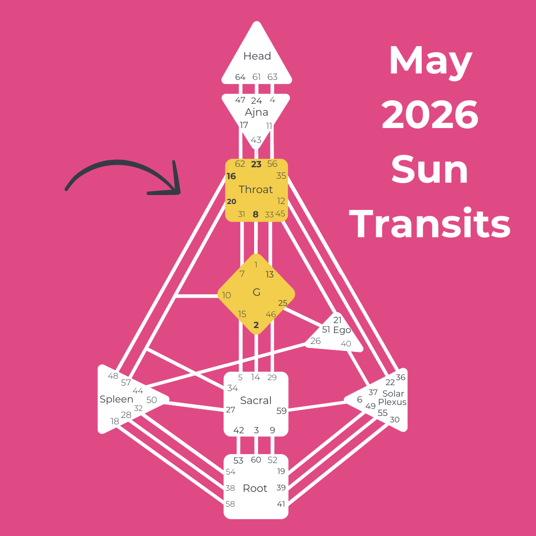 may 2026 human design bodygraph with gates highlighted: gates 2, 8, 20, 16, 23