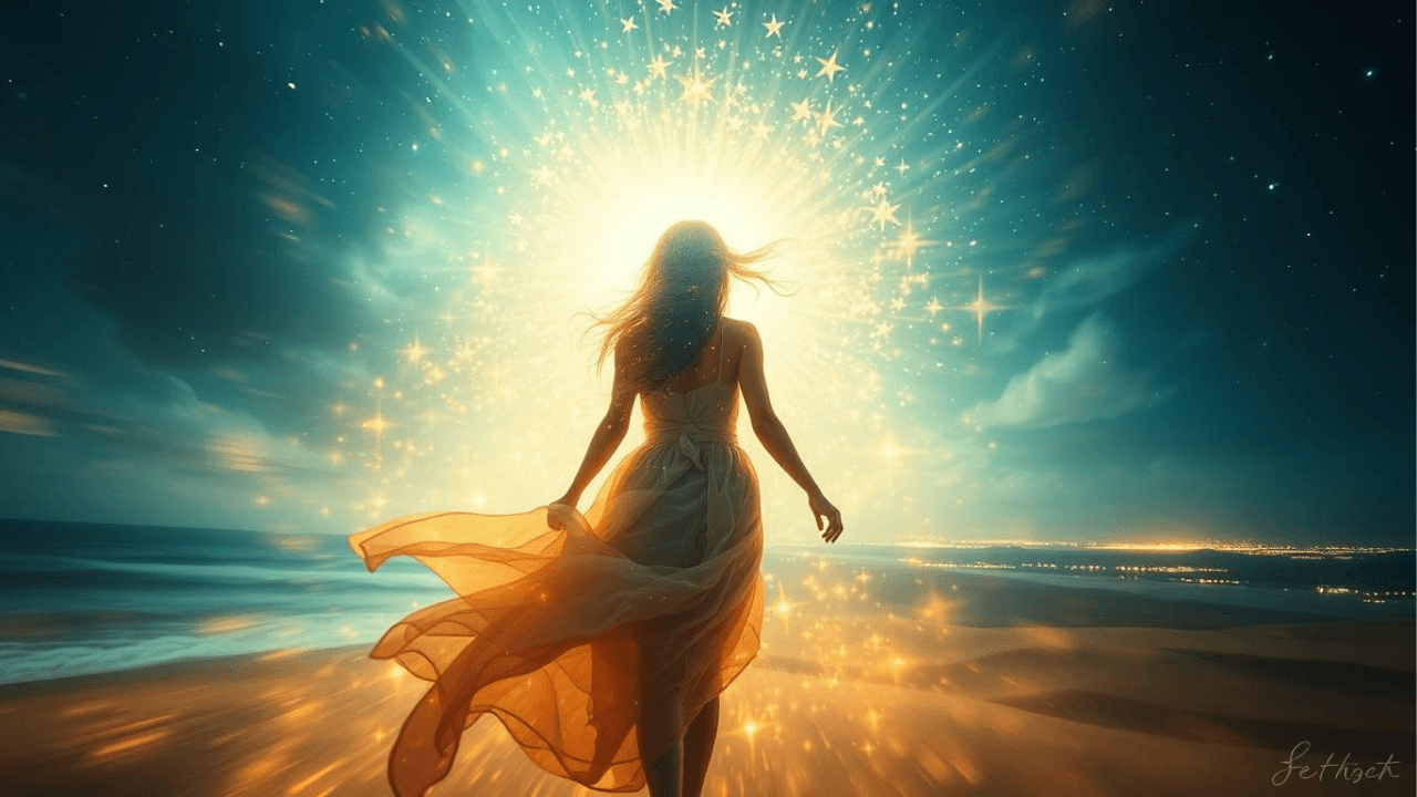 Ethereal traveler woman, light aura, mystic enchantment, walks through translucent ocean, desert, city lights, and stars