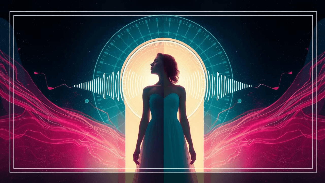 feminine figure at glowing doorway, throat illuminated by radiant sound waves, symbols of movement, memory, transformation