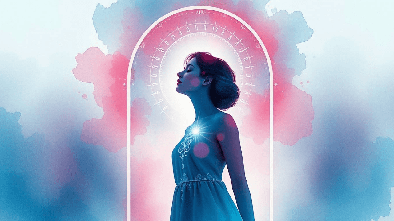 Ethereal feminine figure at a glowing doorway, throat illuminated by sound waves, surrounded by symbols of movement, memory, and transformation