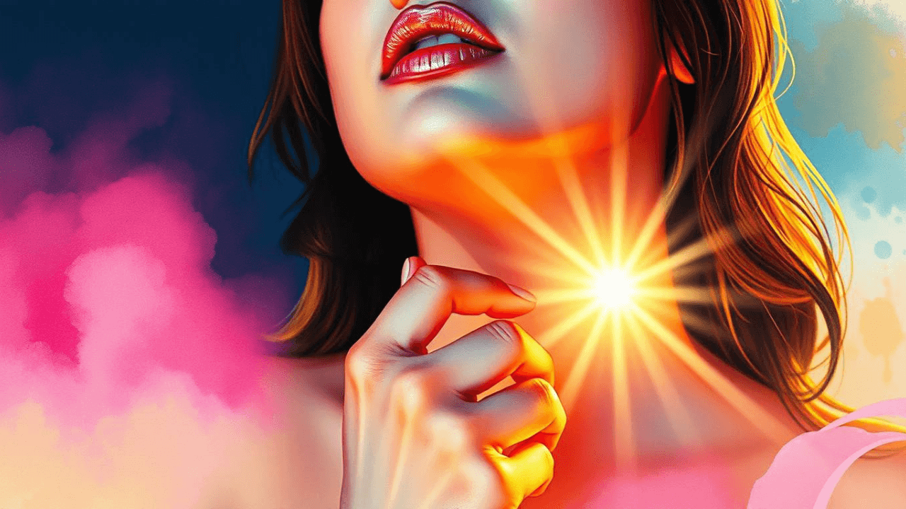 closeup of woman with lens flare on her throat contemplating what she's been through