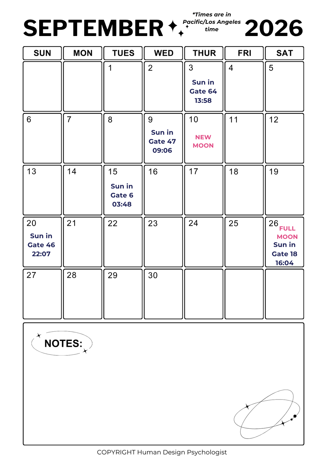 September 2026 Human Design Transits Calendar