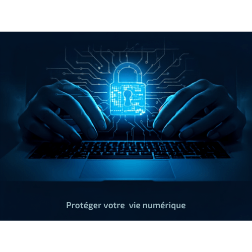 des mains qui tapent sur un clavier d'ordinateurs avec une barre de recherche en transparence