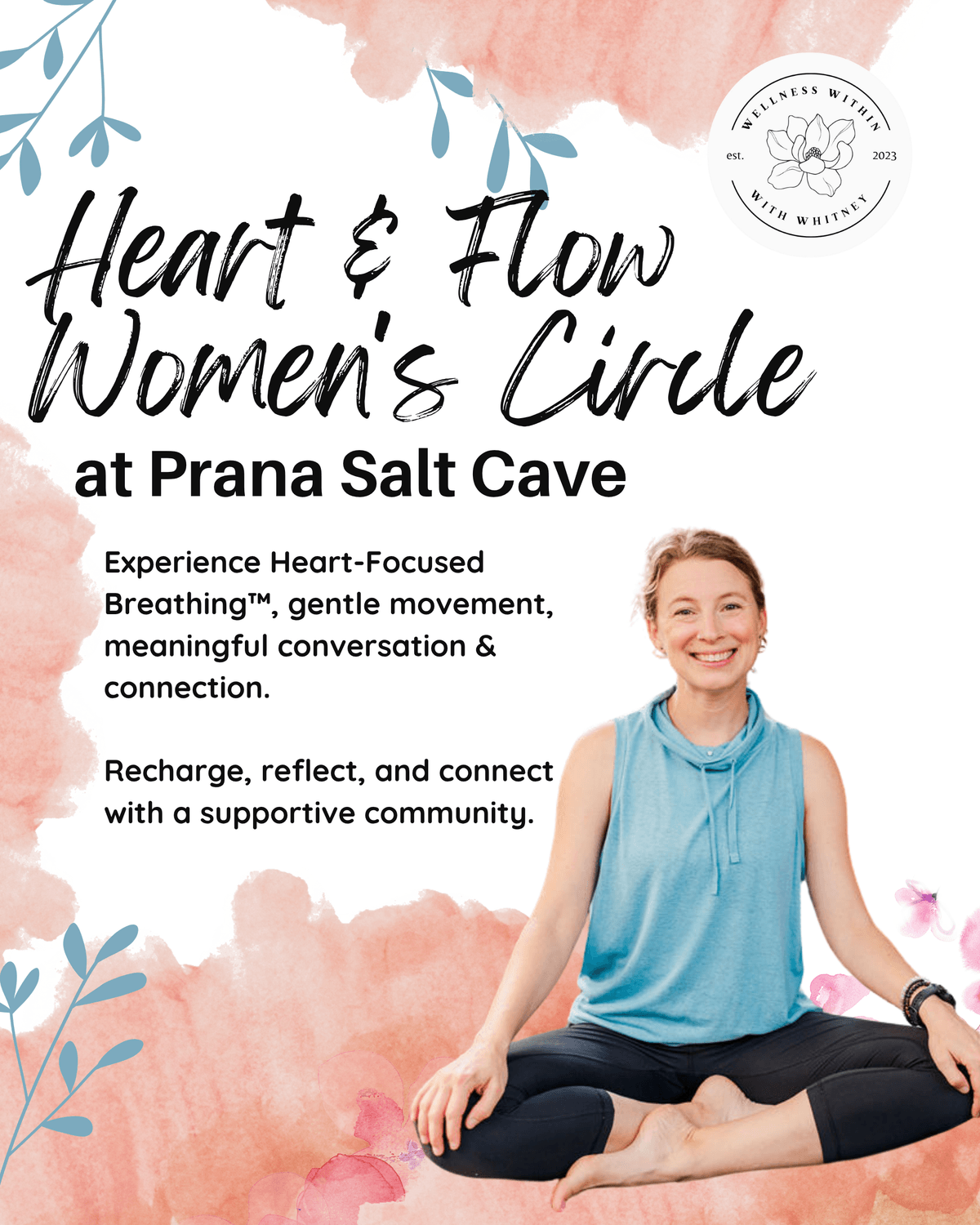 Smiling woman in athleisure, soft colors, the text describes a peaceful, supportive womens circle