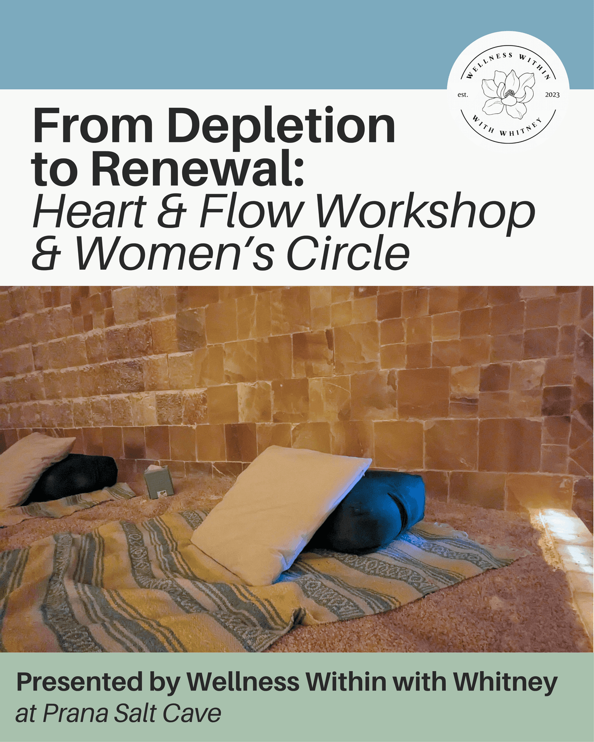 Smiling woman in athleisure, soft colors, the text describes a peaceful, supportive womens circle