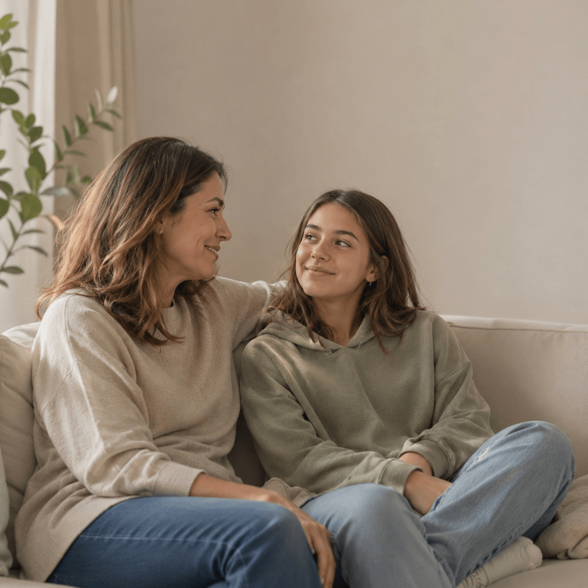 madre e hija adolescente sonriendo abrazadas