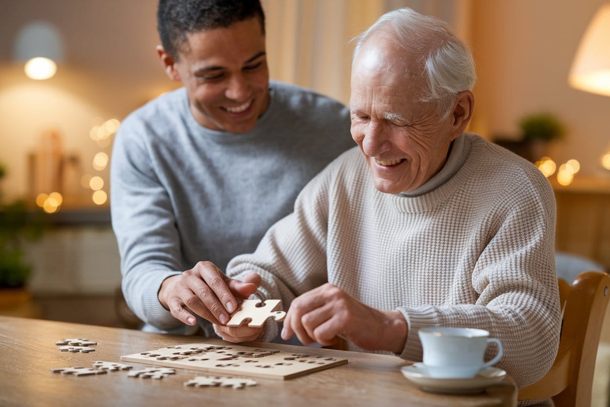 An elderly man and his relative work together to solve a large, colorful puzzle