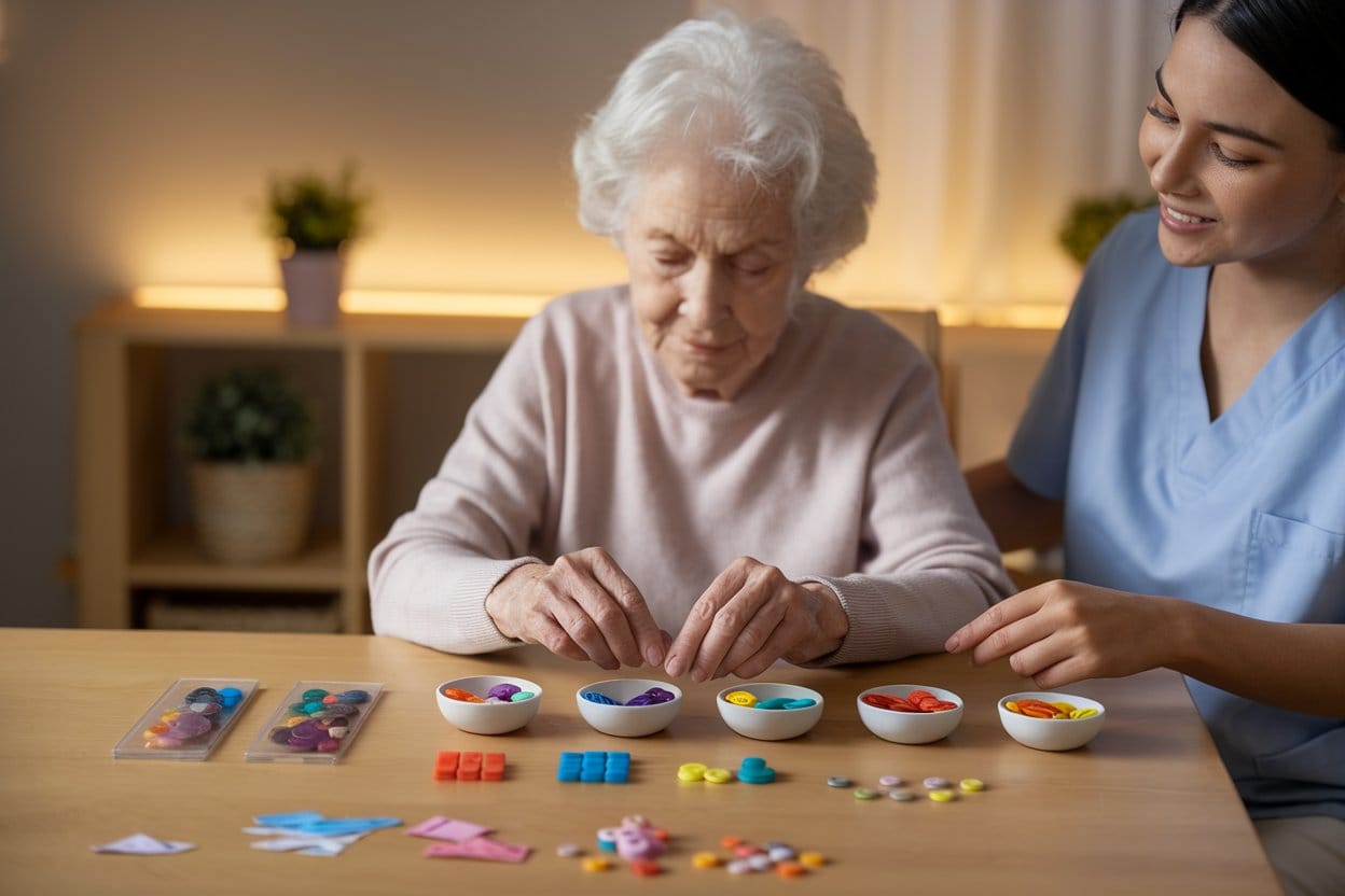 Elderly woman sorting colorful buttons into small bowls by color and size to enhance focus
