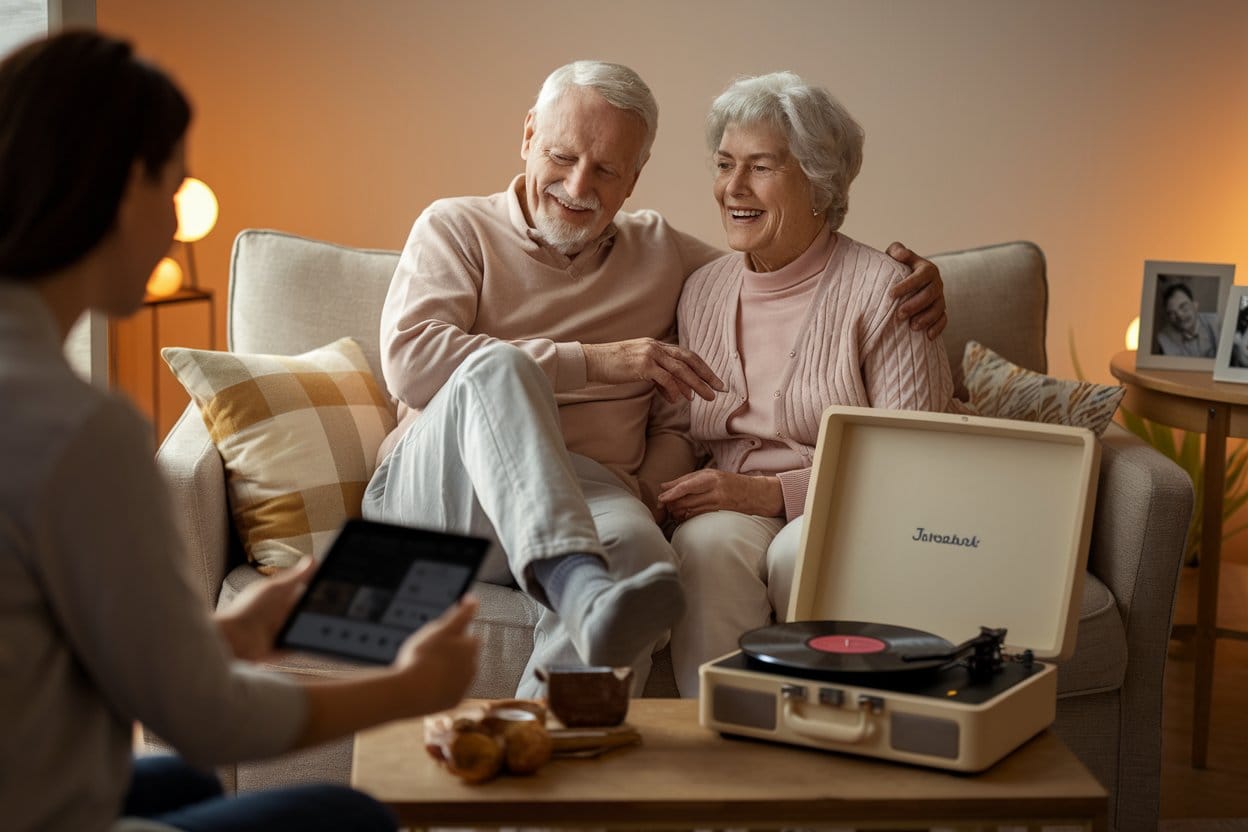 Elderly couple enjoying music together with a record player in a cozy living room