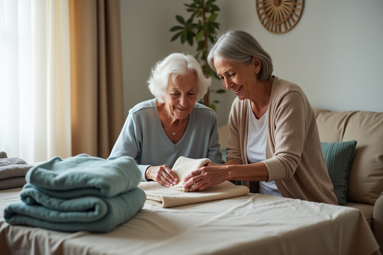Elderly woman folding clean towels on a table as part of a purposeful and calming activity