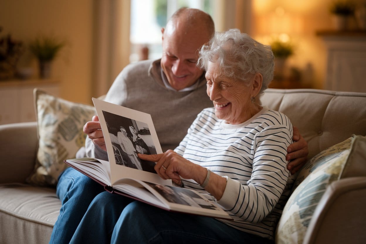 Elderly couple smiling while looking through a family photo album together on the couch