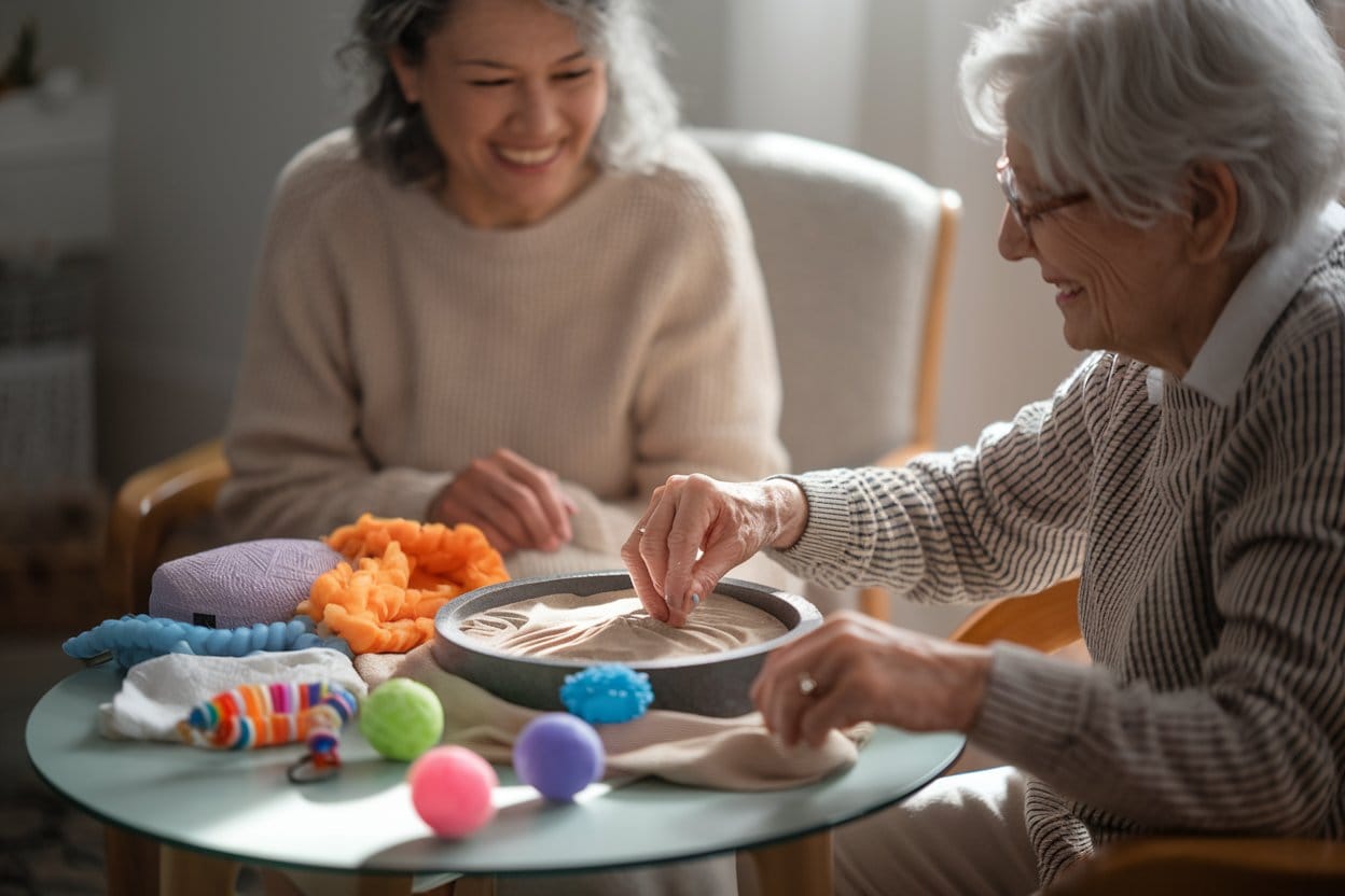 Elderly woman engaging with textured sensory balls to reduce restlessness and promote calmness
