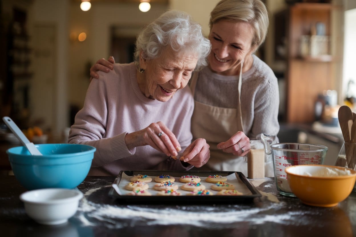 An elderly man and his caregiver decorate cookies in the kitchen as part of a fun baking activity