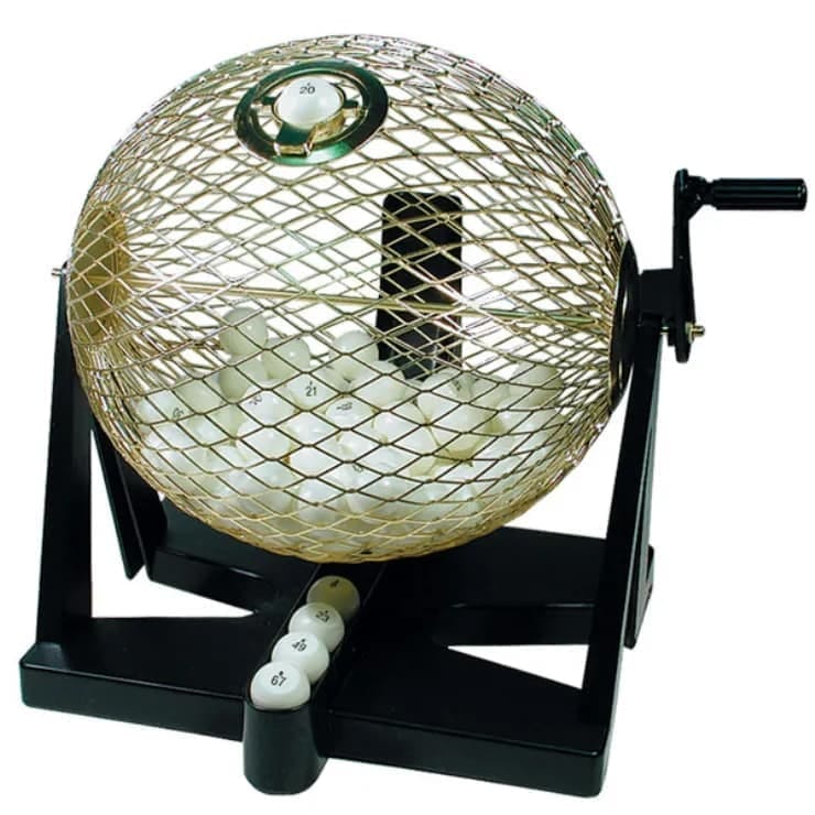 Deluxe 8-inch bingo cage with accessories, featuring 3/4-inch balls and a sturdy cage perfect for home bingo games.