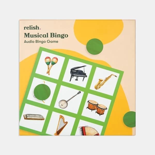 Musical Dementia Bingo Game Set featuring large, easy-to-read music bingo cards designed for seniors, with a simple setup and durable materials ideal for at-home or group activities.