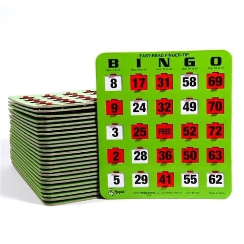 Jumbo Slide-Slot Bingo Cards for Seniors, set of 10 cards, 8 inches wide and 9.5 inches tall, with large print numbers and easy-to-use sliding windows
