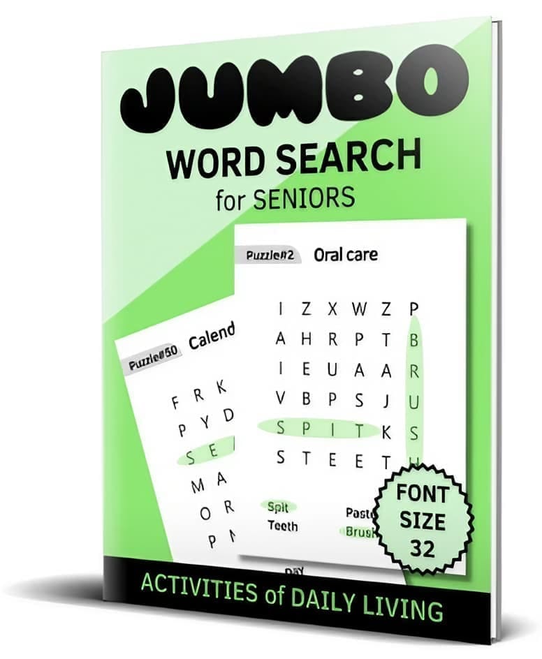 Jumbo Word Search for Seniors book cover featuring large print, easy word puzzles designed for dementia, Alzheimer’s, and memory care.