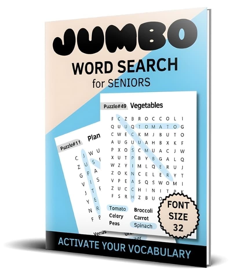 Jumbo Word Search for Seniors Vol. 2 book cover with large print word puzzles for dementia, Alzheimer’s, and memory care.