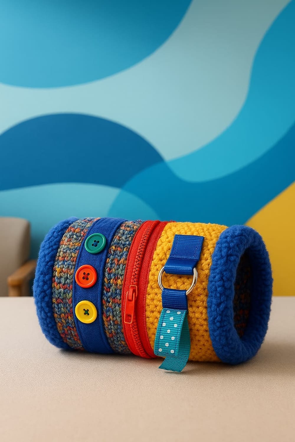 Colorful Twiddle Muff sensory toy for dementia care, featuring buttons, zippers, ribbons, and textured fabric elements for tactile stimulation on a soft blue and yellow background.