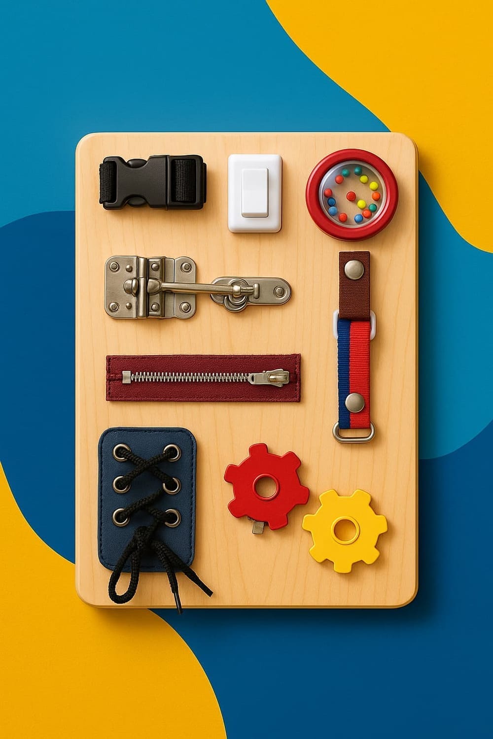 Wooden busy board for dementia care featuring latches, zippers, gears, switches, and textured elements on a vibrant blue and yellow background, designed for sensory stimulation and fine motor activities.