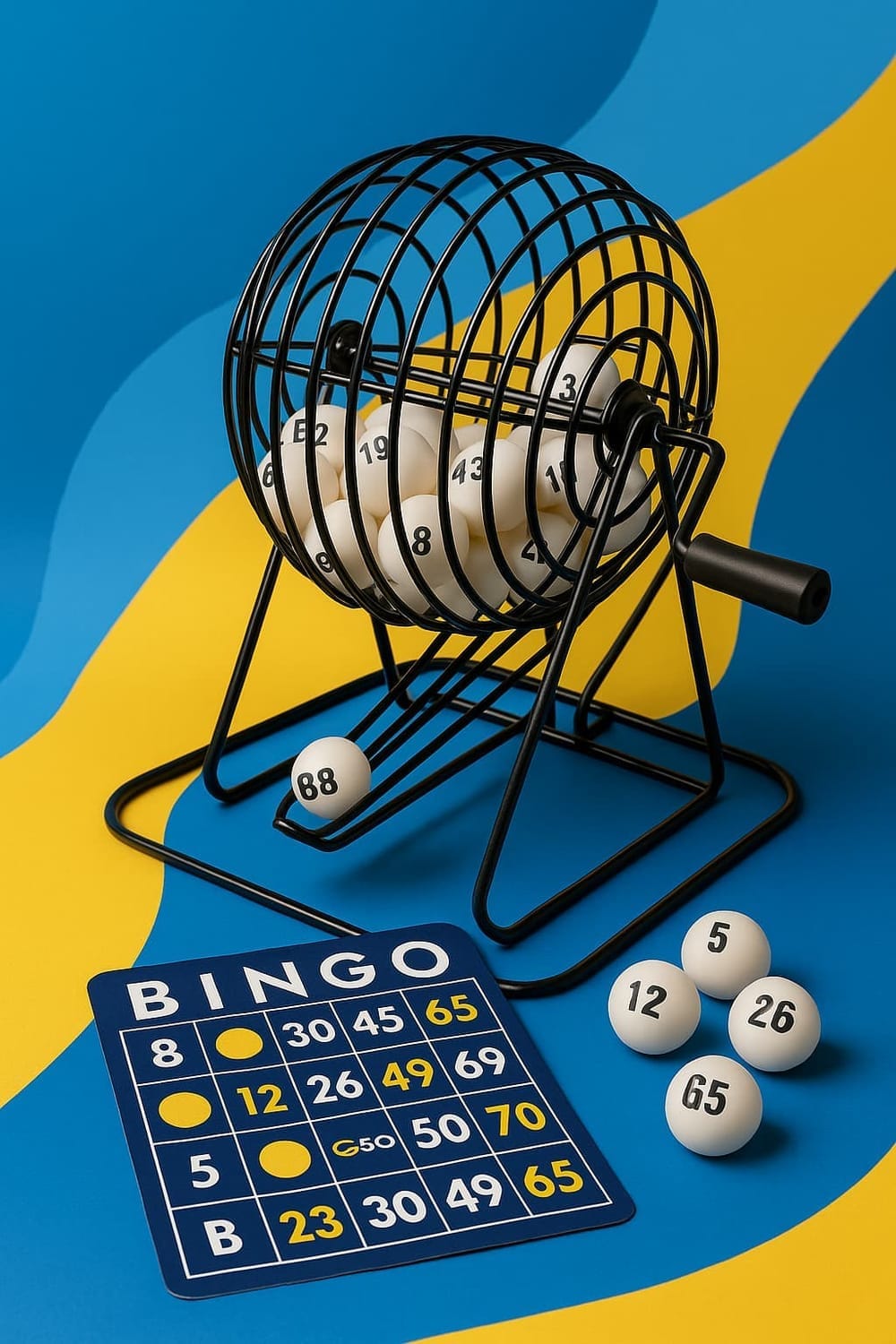 Bingo game set with a metal cage, numbered balls, and a blue bingo card on a dynamic blue and yellow background, designed for seniors and dementia care to encourage cognitive engagement.