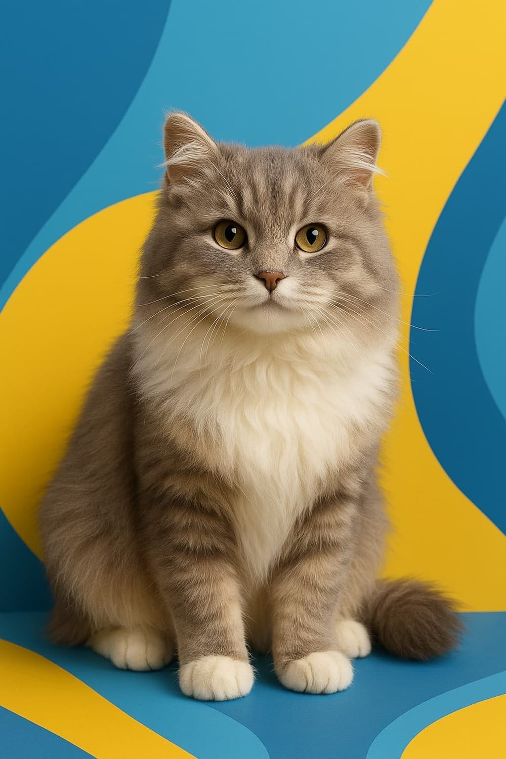 Realistic stuffed cat for seniors and dementia care, featuring lifelike fur, bright eyes, and visible whiskers, presented on a modern blue and yellow background to convey warmth and comfort.