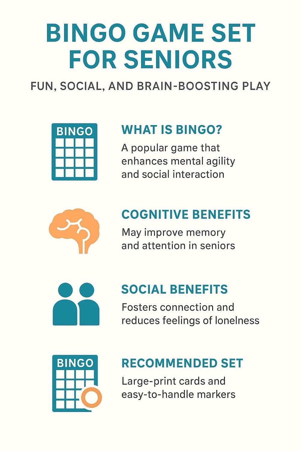Vertical infographic highlighting the benefits of bingo for seniors, featuring four sections: what is bingo, cognitive benefits, social benefits, and recommended set, with minimalistic icons in teal and orange on a light background.