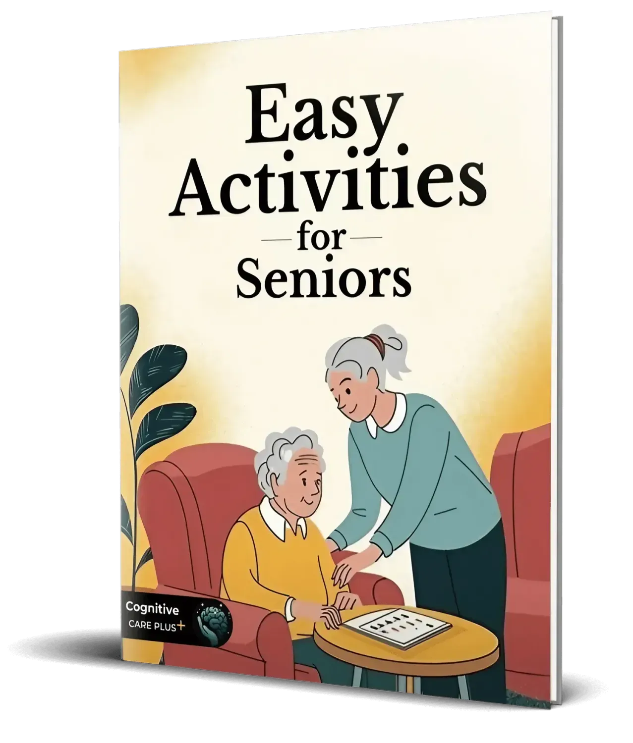 Cover of the free book 'Easy Activities for Seniors Workbook', featuring word games and cognitive stimulation activities for older adults.