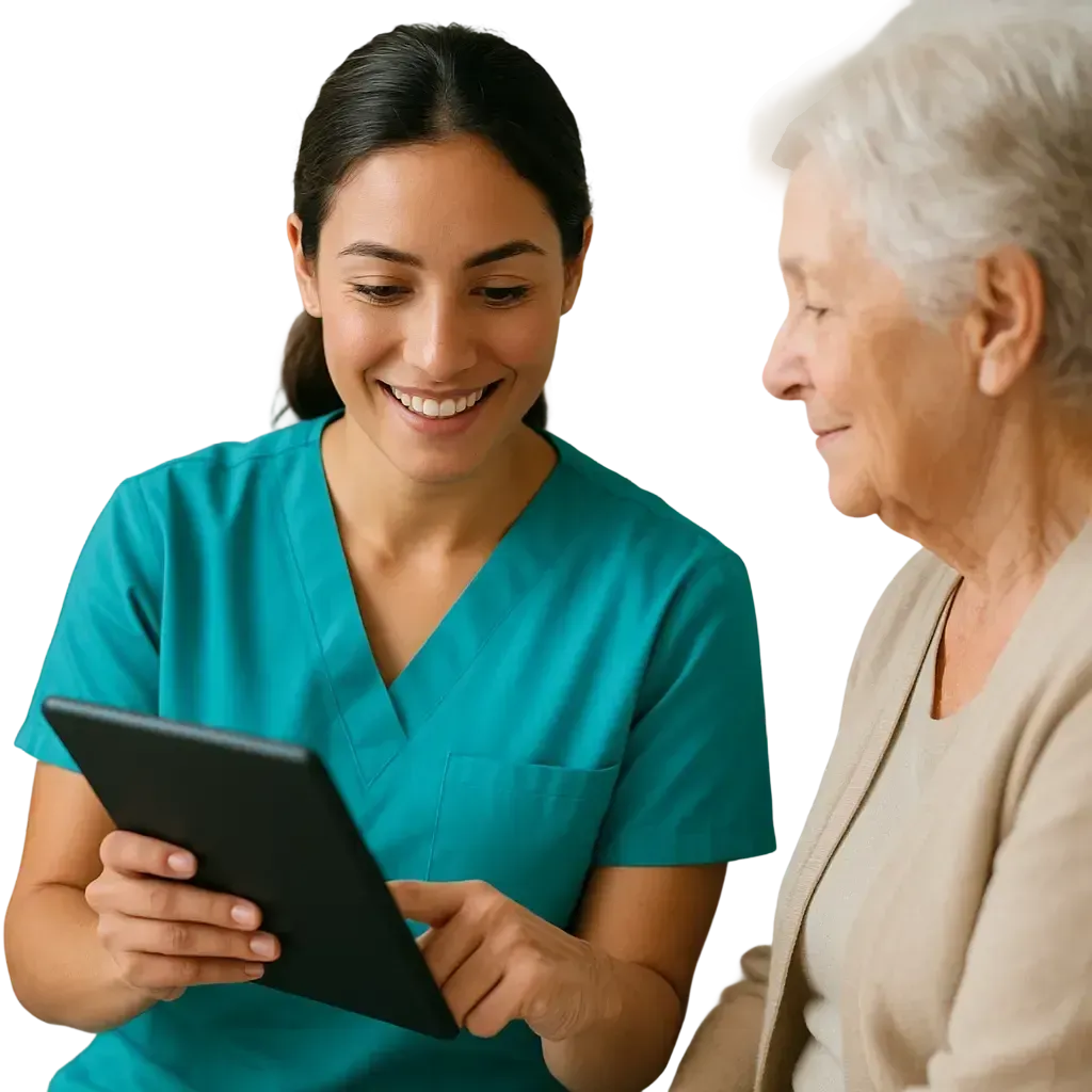 Caregiver showing an elderly woman how to use an interactive tool on a tablet, both smiling and engaged in a warm, supportive setting.