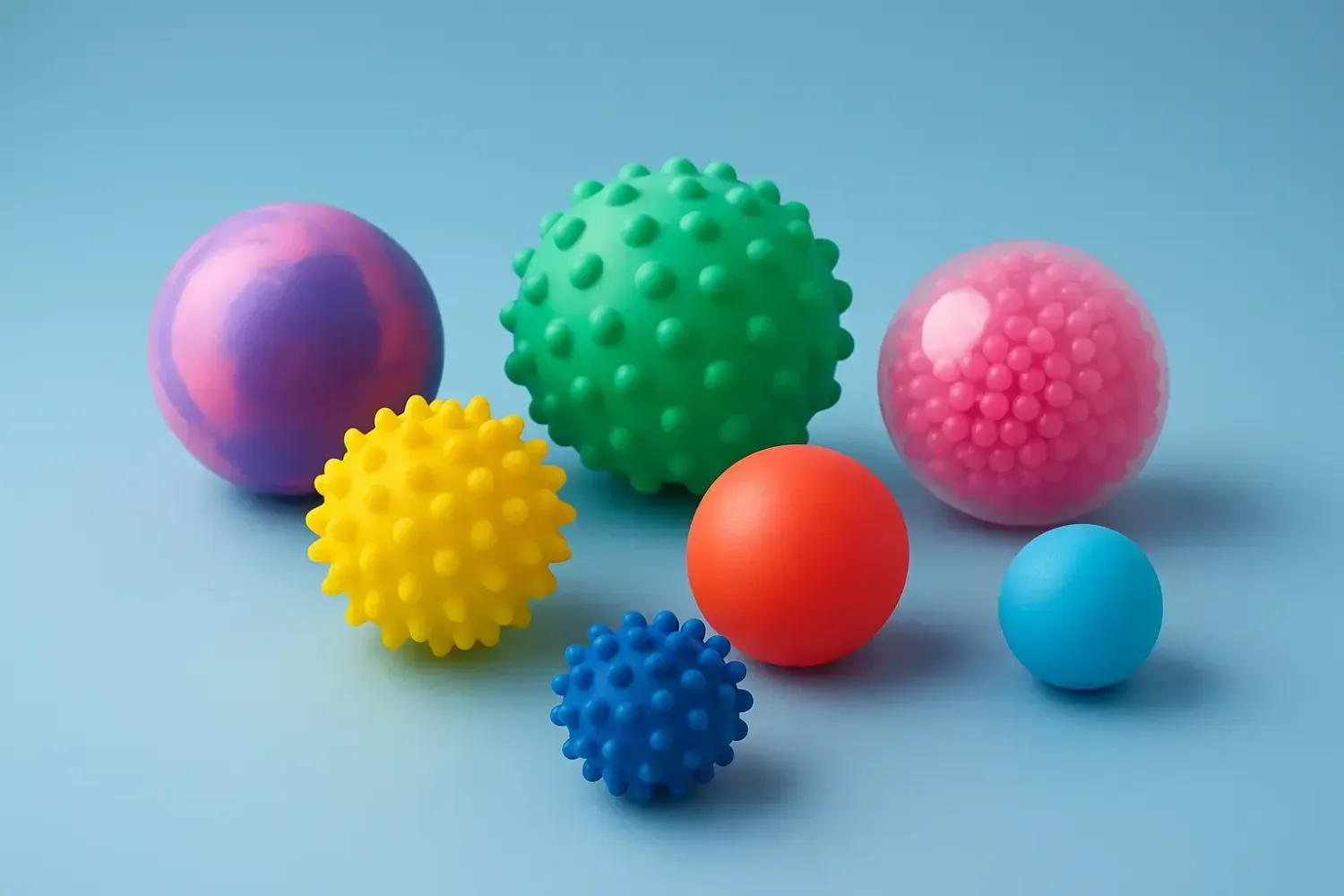 Different types of sensory balls for adults with dementia, designed for stress relief, focus, and tactile stimulation.