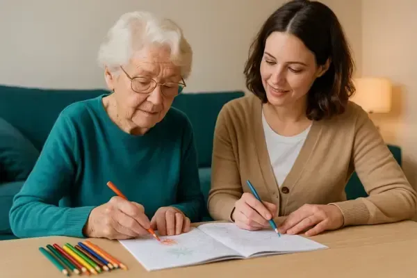 Caregiver helping an elderly woman with dementia color as part of daily routines in the middle stage.