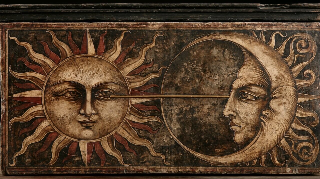 Sun and moon with archetypal faces joined by a golden line, a symbolic painting of consciousness and the unconscious