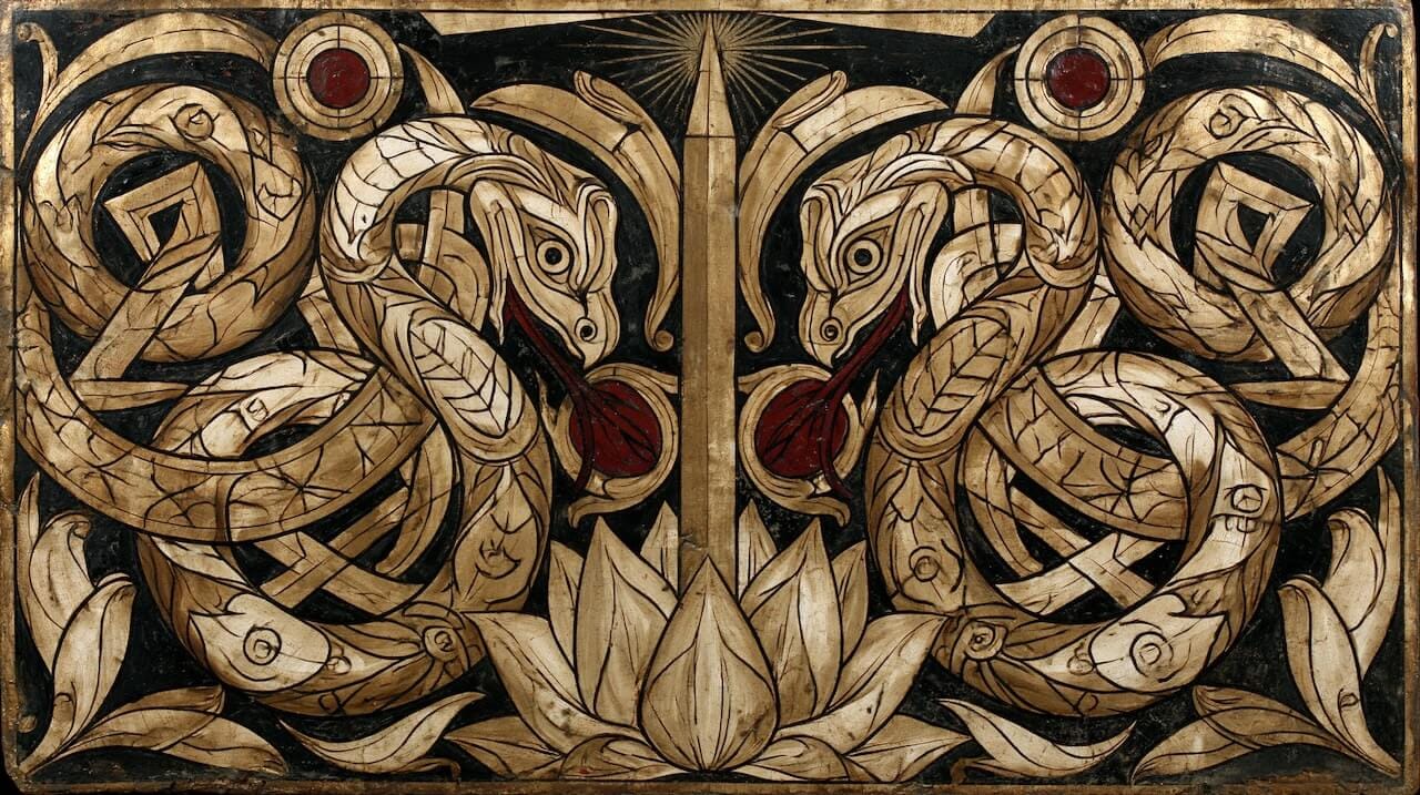 Two intertwined serpents rising from a lotus along a central golden axis, a symbolic painting of kundalini and the subtle body