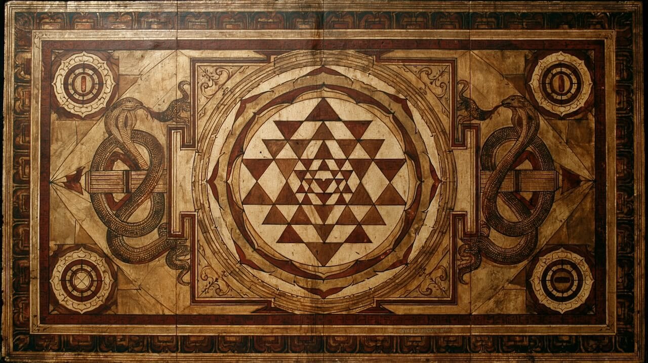 The Sri Yantra of interlocking triangles framed by coiled serpents, a symbolic painting of the union of Shiva and Shakti