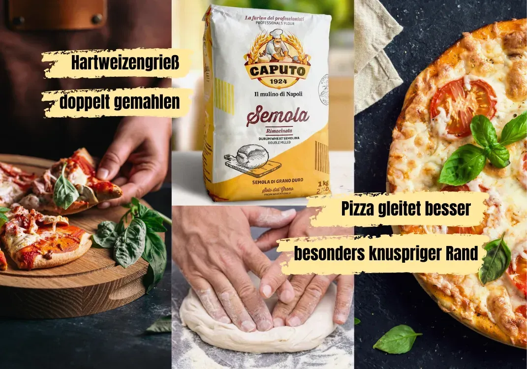 Collage mit Caputo Semola Hartweizengrieß, frisch gebackener Pizza mit knusprigem Rand, Teig kneten mit Mehl und Pizza servieren. Text-Overlays: „Hartweizengrieß doppelt gemahlen“, „Pizza gleitet besser“, „besonders knuspriger Rand“. Symbolbild für Pizzateig selber machen, Caputo Semola, DELICRET Starter-Kit und professionelle Teigführung.