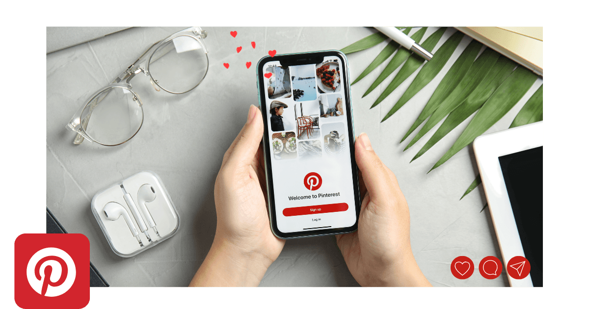 Frau hält Smartphone mit geöffneter Pinterest-App in der Hand – Ideen für Business, Rezepte und Inspiration. Perfektes Symbolbild für Pinterest-Start und Online-Business-Aufbau.