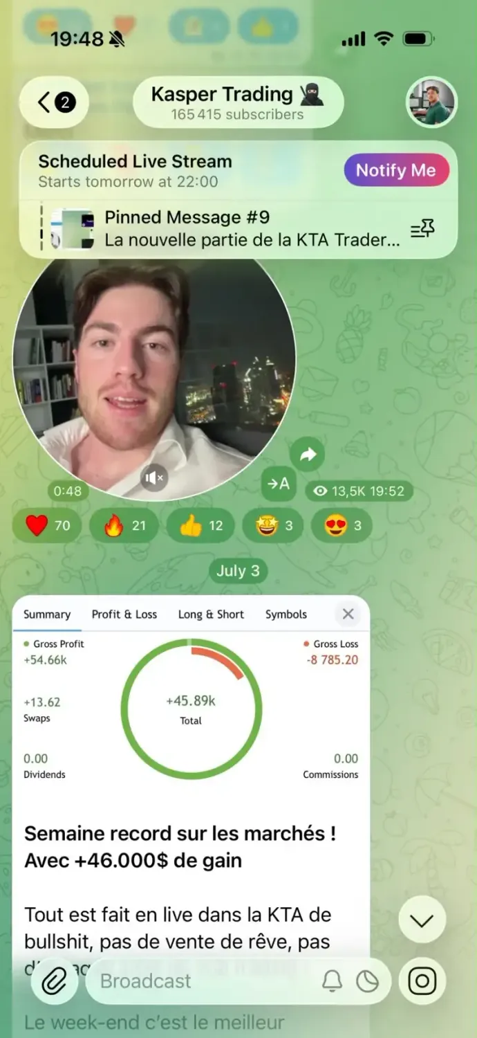 Capture du canal Telegram Kasper Trading : vidéo-note de Kasper et bilan P&L de la semaine