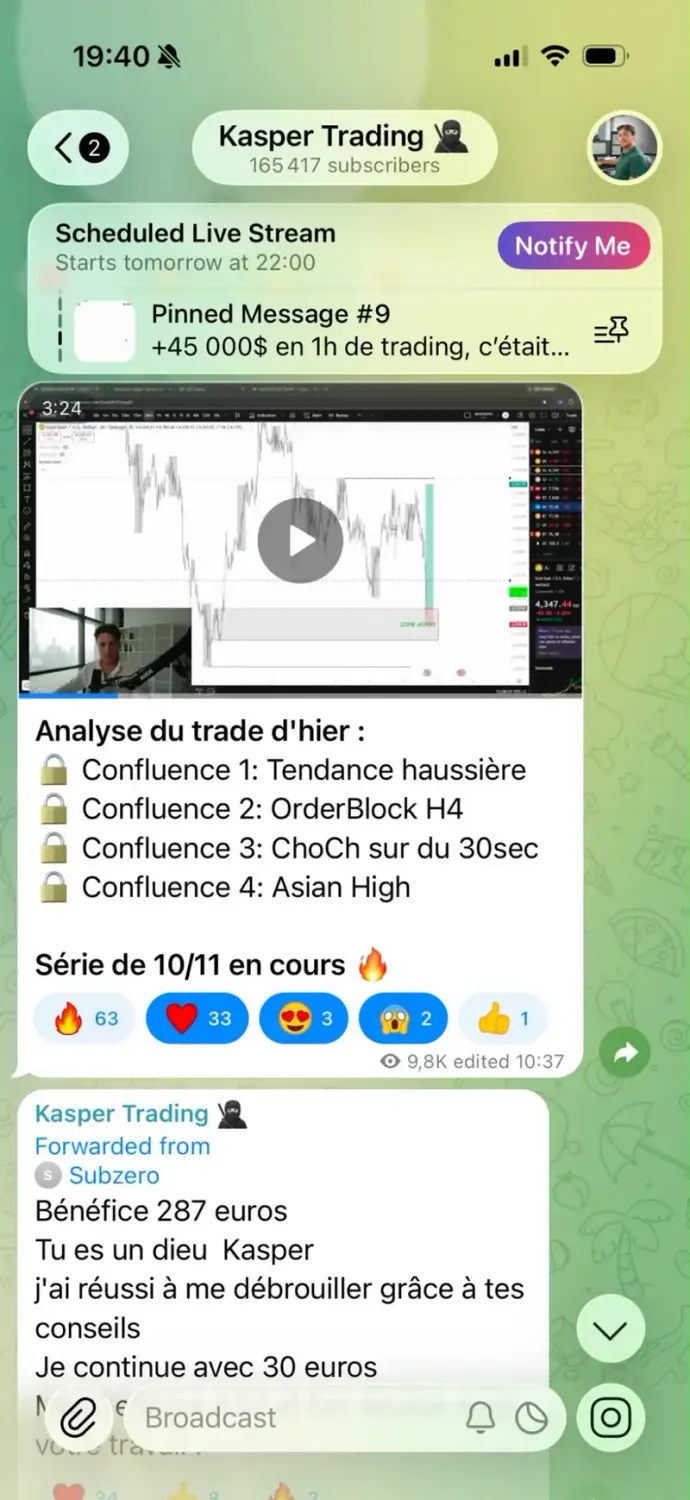Capture du canal Telegram Kasper Trading : live programmé, vidéo d'analyse du trade d'hier et témoignage d'un membre