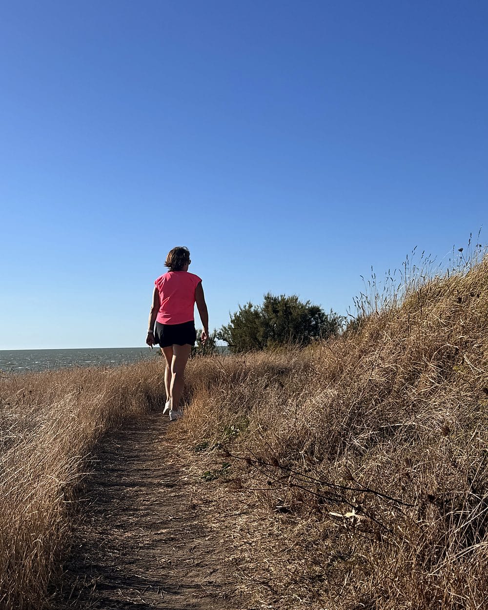 Une marcheuse de dos sur le sentier côtier de l'île d'Aix