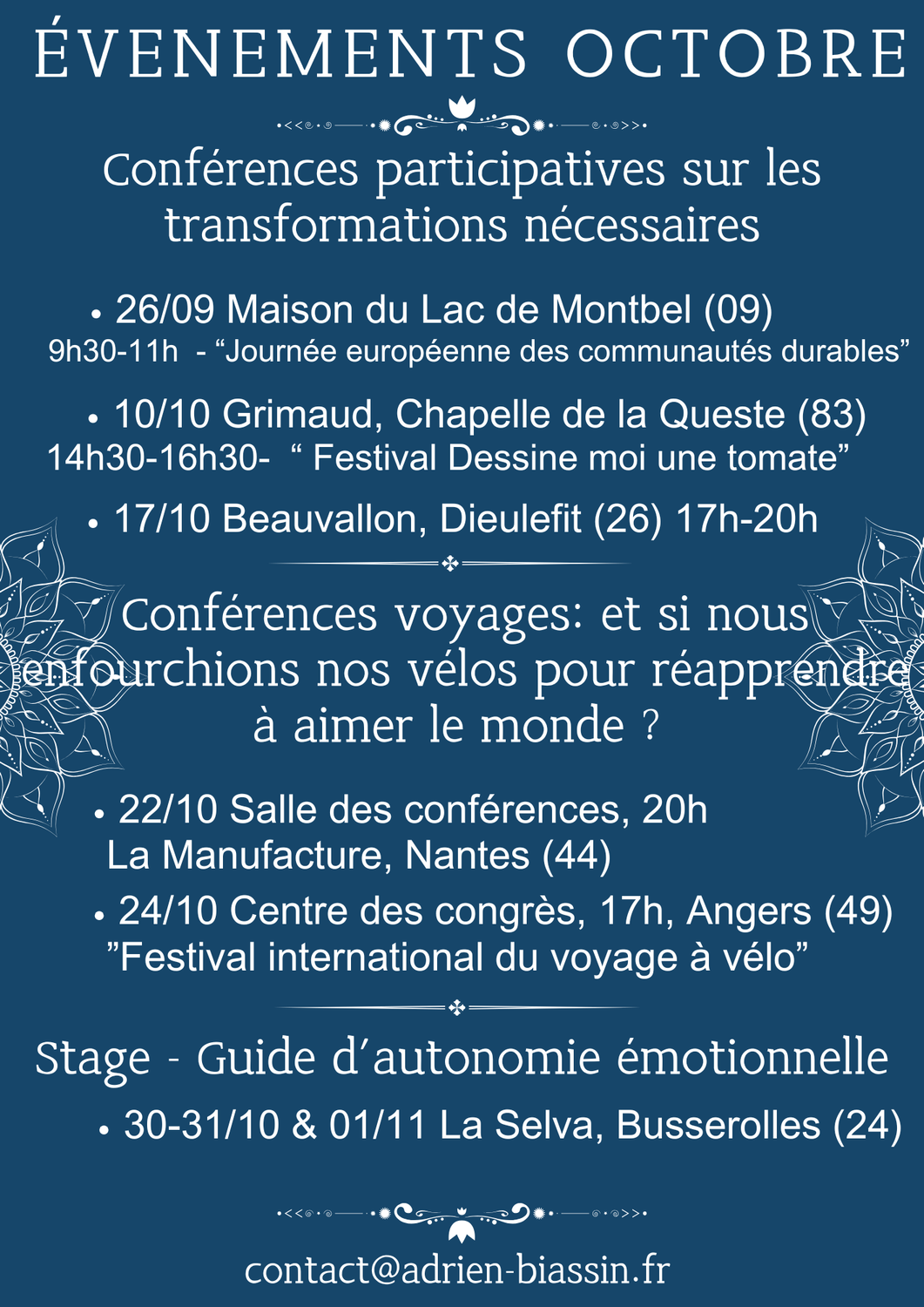 évènements nationaux d'octobre 2026 de Adrien Biassin: conférences participatives sur les transformations nécessaires, conférences voyages et stage