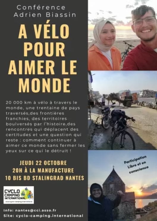 Affiche de la conférence "à vélo pour aimer le monde" à Nantes le 22 octobre 20h 