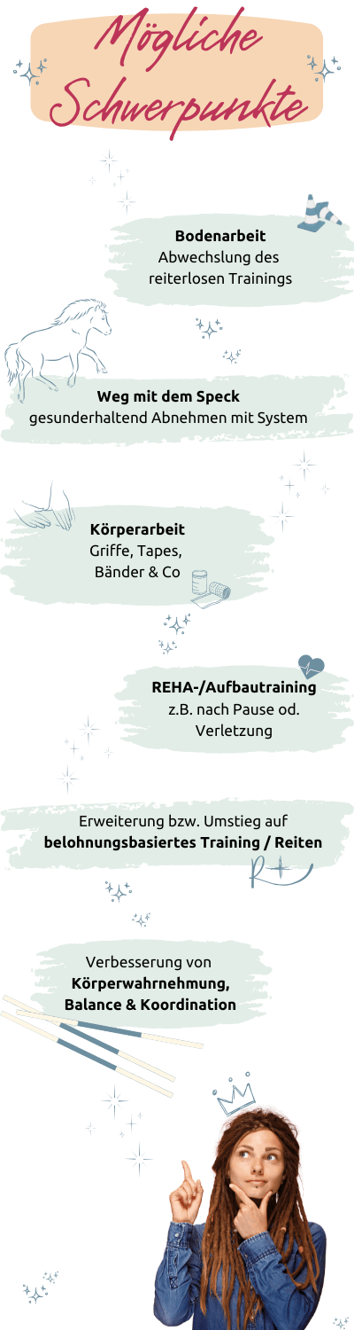 Mögliche Schwerpunkte: Weg mit dem Speck (gesunderhaltend Abnehmen mit System), Erweiterung bzw. Umstieg auf belohnungsbasiertes Training/Reiten (R+), Körperarbeit (Griffe, Tapes, Bänder und Co), REHA-/Aufbautraining (zum Beispiel nach Pause oder Verletzung), Bodenarbeit (Abwechslung des reiterlosen Trainings), Verbesserung der Körperwahrnehmung, Balance und Koordination.